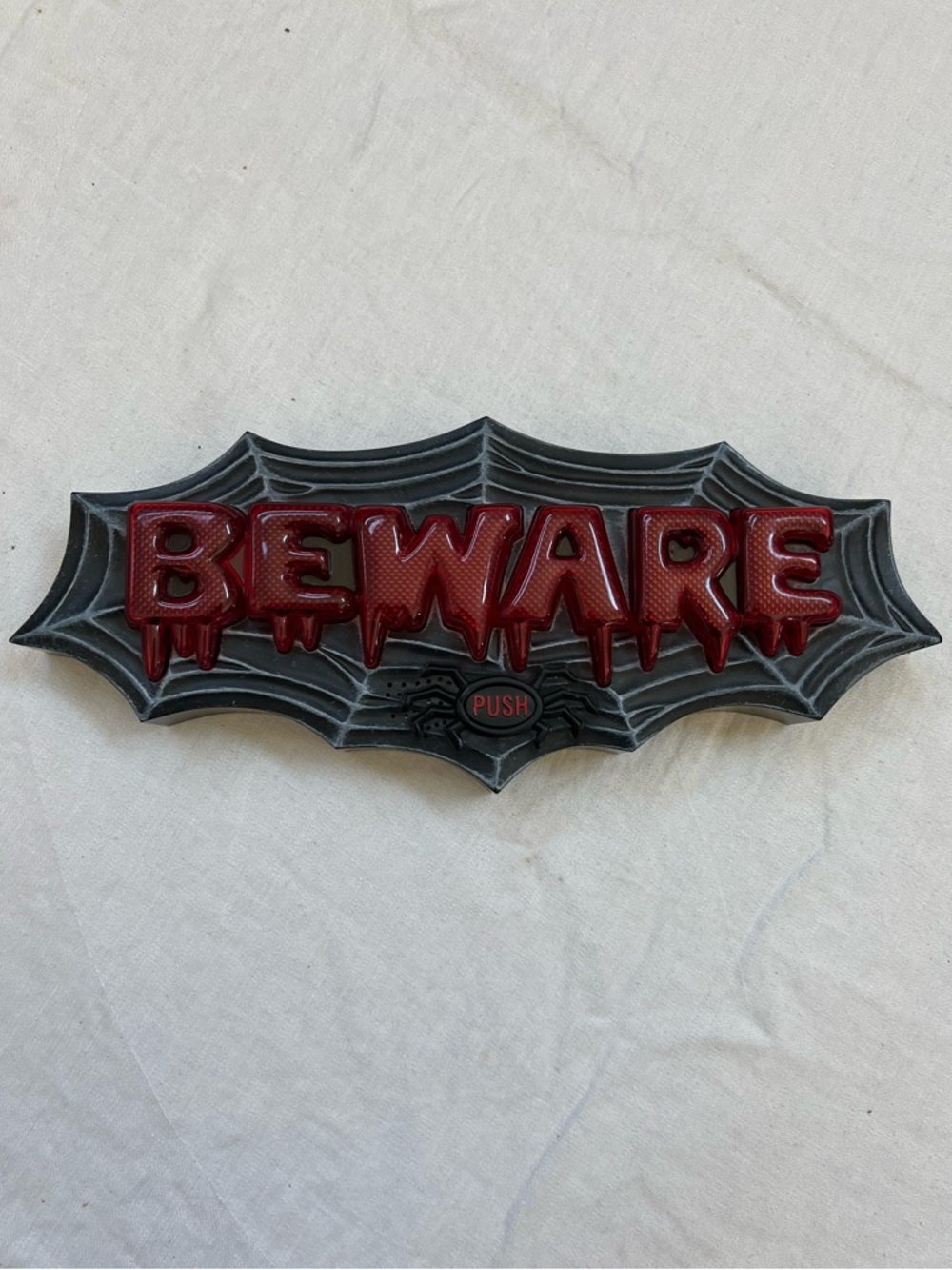BEWARE Sign Halloween Lights Up Plays Music Scary Decor Spider Web WORKING 2008